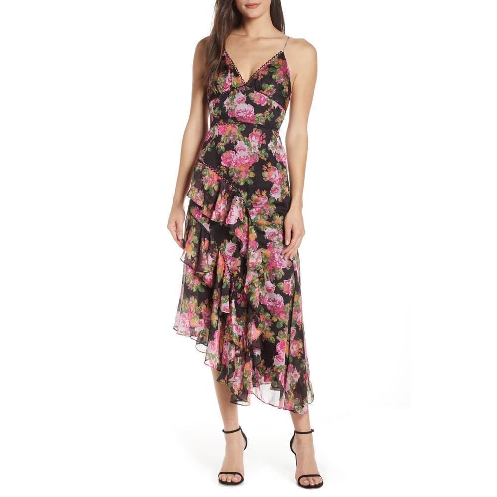 Keepsake The Label Oblivion Midi Dress Asymmetrical Ruffle Hem Black Pink XL